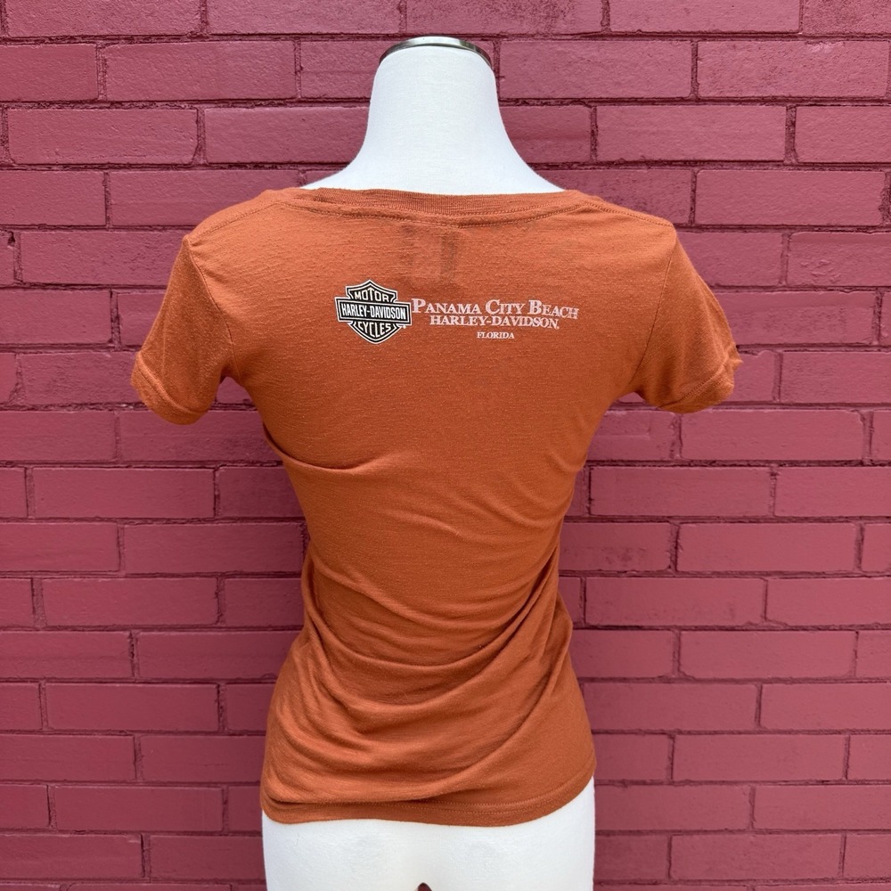 Harley Davidson Motorcycles Ride Free Shirt Womens Size Small Orange Tire Wings - Picture 4 of 7